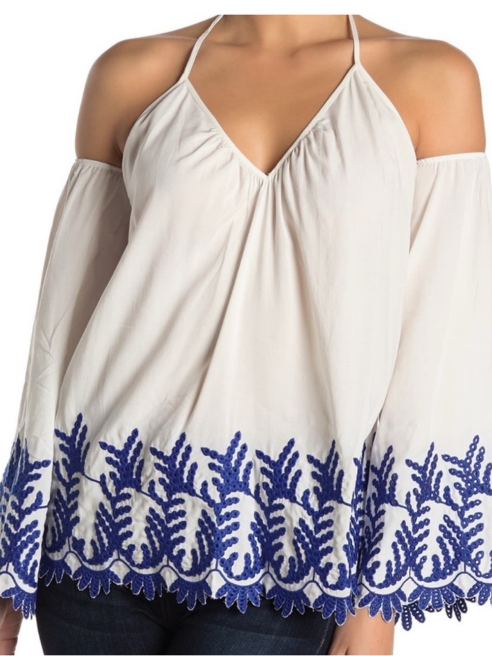 Ramy Brook Cream Cold-Shoulder Swim Coverup with Blue Embroidery